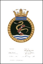 Letters patent confirming the blazon of the Badge of HMCS Algonquin