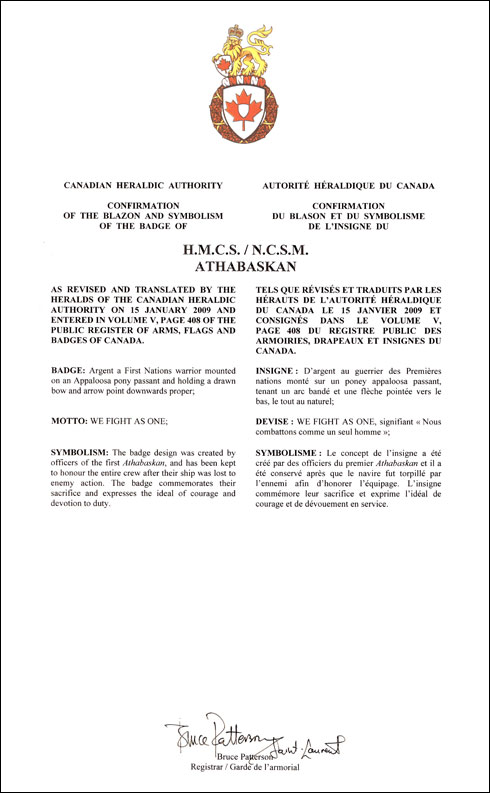 Lettres patentes confirmant le blasonnement de l'insigne du NCSM Athabaskan