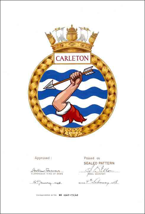 Lettres patentes confirmant le blasonnement de l'insigne du NCSM Carleton