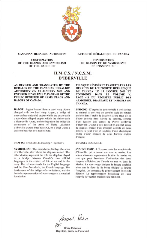 Lettres patentes confirmant le blasonnement de l'insigne du NCSM D'Iberville