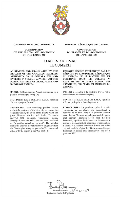 Letters patent confirming the blazon of the Badge of HMCS Tecumseh