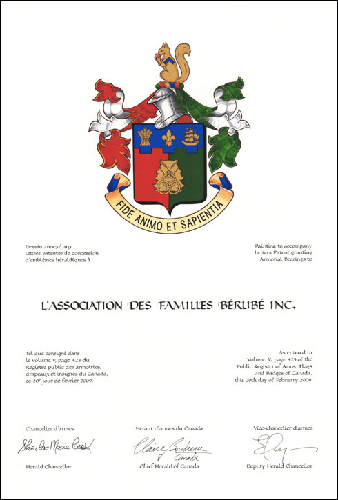 Lettres patentes concédant des emblèmes héraldiques à L'Association des familles Bérubé Inc.