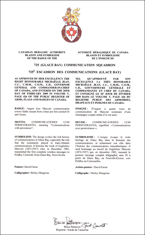 Letters patent approving the Badge of the 725 (Glace Bay) Communications Squadron