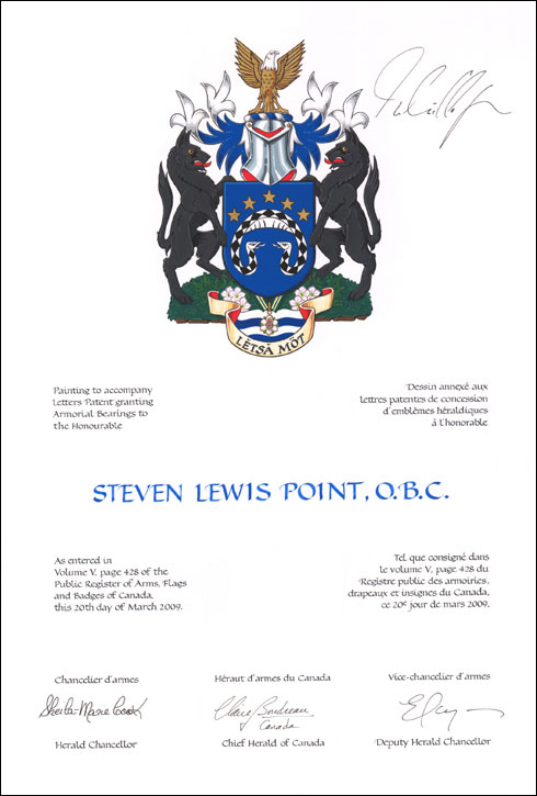 Lettres patentes concédant des emblèmes héraldiques à Steven Lewis Point