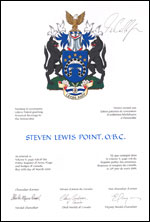 Letters patent granting heraldic emblems to Steven Lewis Point