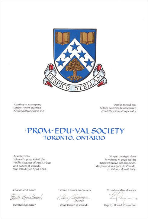 Lettres patentes concédant des emblèmes héraldiques à la Prom-Edu-Val Society