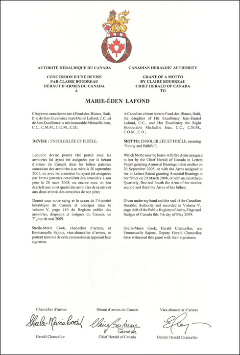 Letters patent granting a Motto to Marie-Éden Lafond