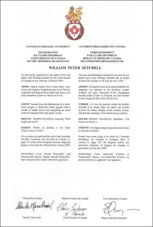 Lettres patentes enregistrant les emblèmes héraldiques de William Peter Setchell