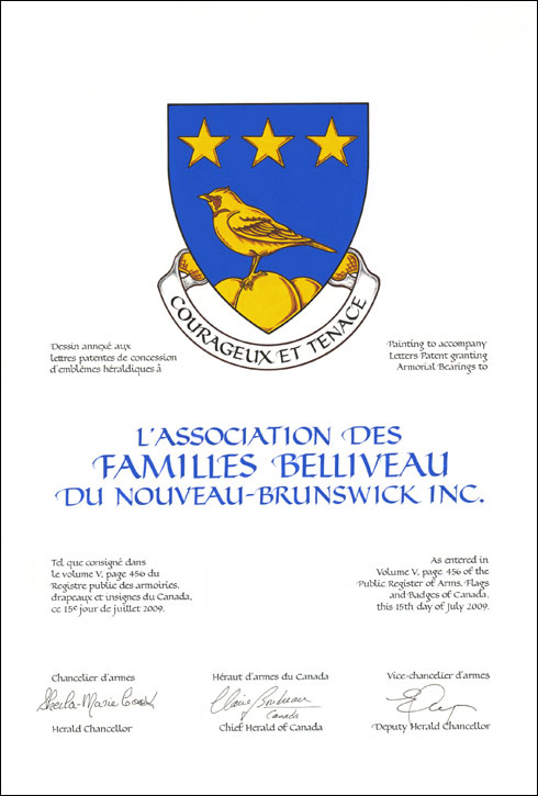 Lettres patentes concédant des emblèmes héraldiques à L'Association des Familles Belliveau du Nouveau-Brunswick Inc.