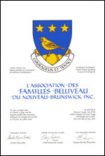 Lettres patentes concédant des emblèmes héraldiques à L'Association des Familles Belliveau du Nouveau-Brunswick Inc.