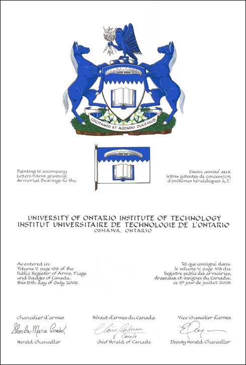 Lettres patentes concédant des emblèmes héraldiques à l'Institut universitaire de technologie de l'Ontario