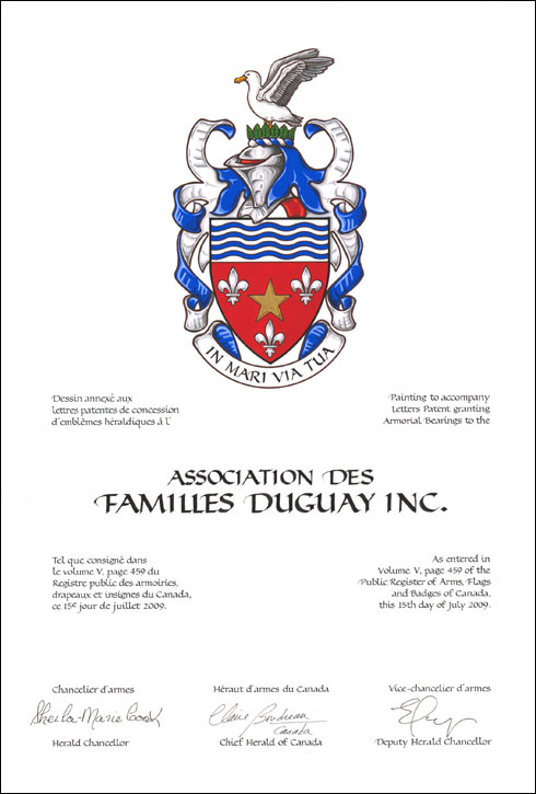 Letters patent granting heraldic emblems to the Association des familles Duguay Inc.