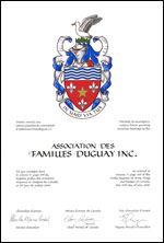 Letters patent granting heraldic emblems to the Association des familles Duguay Inc.