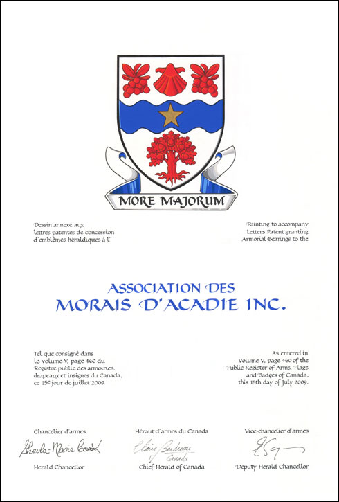 Lettres patentes concédant des emblèmes héraldiques à L'Association des Morais d'Acadie Inc.