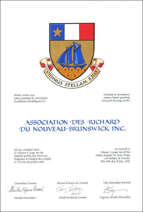 Lettres patentes concédant des emblèmes héraldiques à l'Association des Richard du Nouveau-Brunswick Inc.