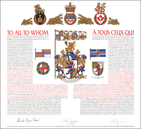 Letters patent granting heraldic emblems to Vernon Graham Cooke