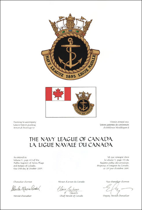 Letters patent granting heraldic emblems to The Navy League of Canada