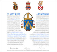 Letters patent granting heraldic emblems to the Archiepiscopal Corporation of Regina