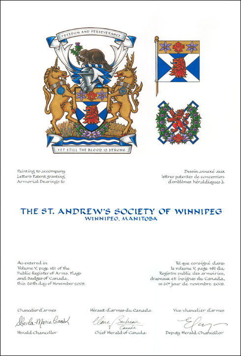 Letters patent granting heraldic emblems to The St. Andrew's Society of Winnipeg