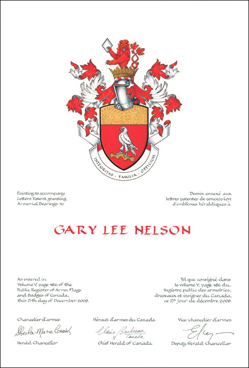 Letters patent granting heraldic emblems to Gary Lee Nelson