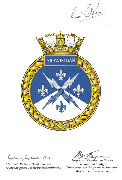 Lettres patentes confirmant le blasonnement de l'insigne du NCSM Shawinigan