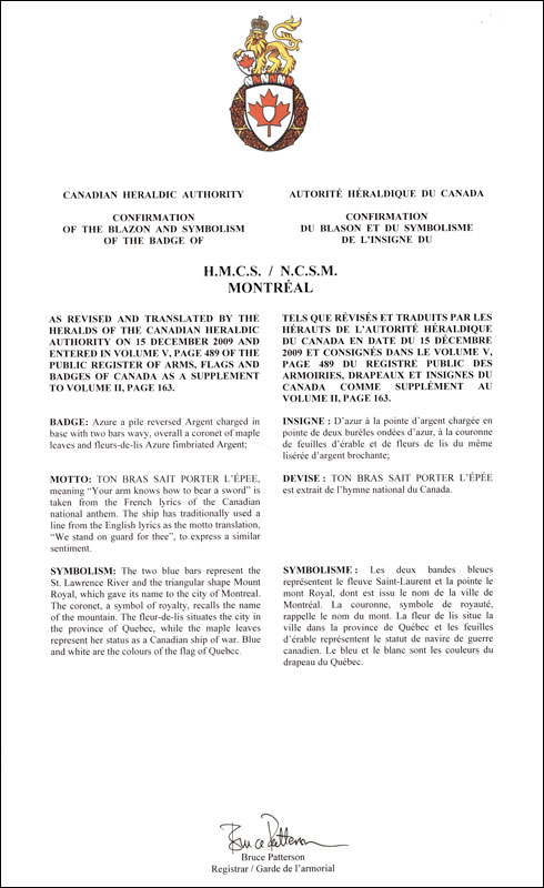 Letters patent confirming the blazon of the Badge of HMCS Montréal