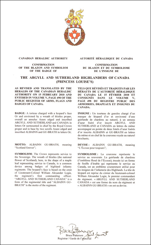 Lettres patentes confirmant le blasonnement de l'insigne de The Argyll and Sutherland Highlanders of Canada (Princess Louise's)