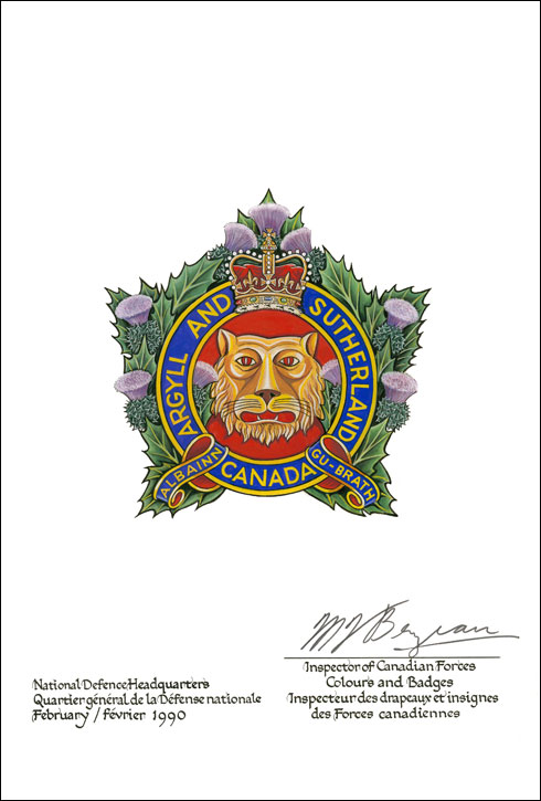 Lettres patentes confirmant le blasonnement de l'insigne de The Argyll and Sutherland Highlanders of Canada (Princess Louise's)