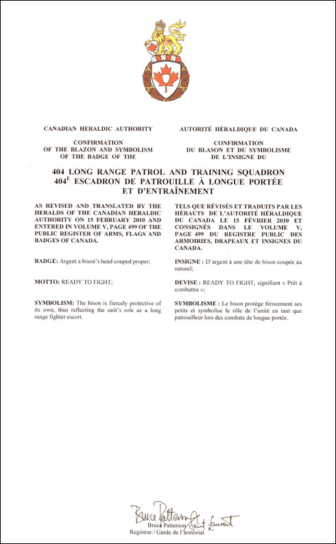 Letters patent confirming the blazon of the Badge of the 404 Long Range Patrol and Training Squadron