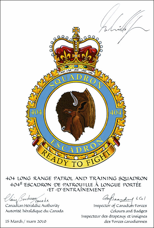 Letters patent confirming the blazon of the Badge of the 404 Long Range Patrol and Training Squadron