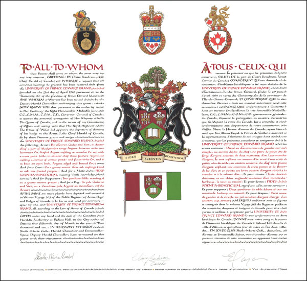 Letters patent granting heraldic emblems to the University of Prince Edward Island