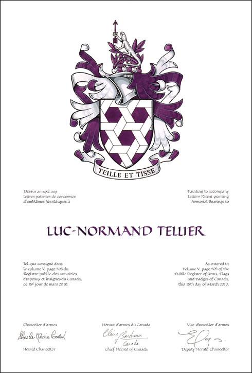 Letters patent granting heraldic emblems to Luc-Normand Tellier