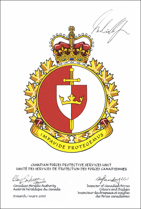 Lettres patentes approuvant l'insigne de l'Unité des services de protection des Forces canadiennes