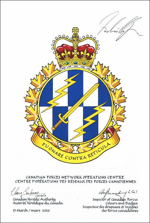 Lettres patentes approuvant l'insigne du Centre d’opérations des réseaux des Forces canadiennes