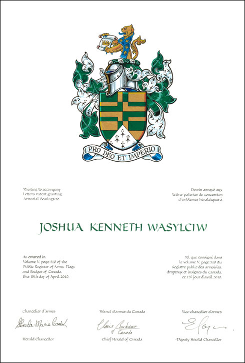 Lettres patentes concédant des emblèmes héraldiques à Joshua Kenneth Wasylciw