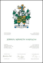 Lettres patentes concédant des emblèmes héraldiques à Joshua Kenneth Wasylciw