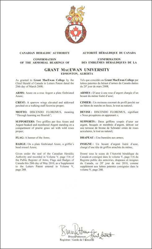 Letters patent confirming the heraldic emblems of Grant MacEwan University