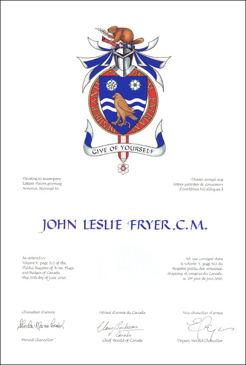 Lettres patentes concédant des emblèmes héraldiques à John Leslie Fryer