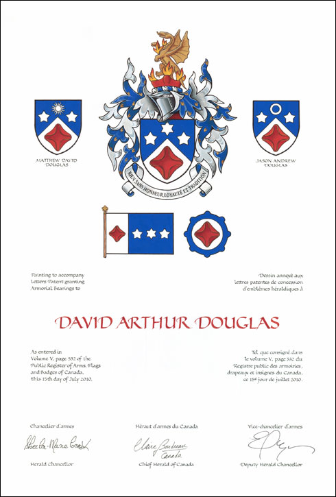 Letters patent granting heraldic emblems to David Arthur Douglas