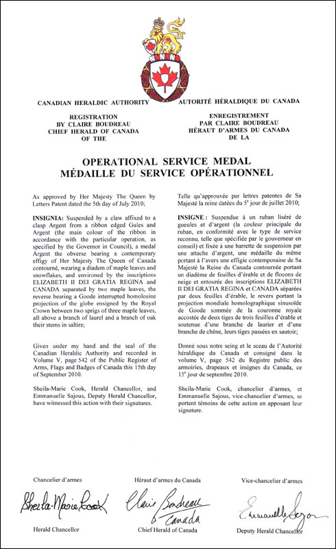 Lettres patentes enregistrant la Médaille du service opérationnel