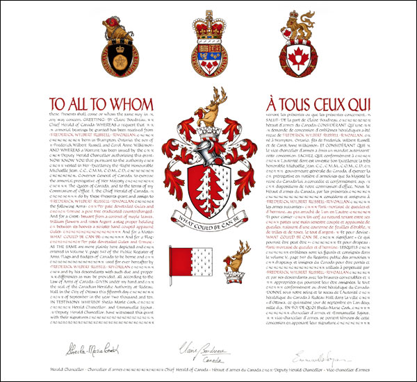 Letters patent granting heraldic emblems to Frederick Wilbert Russell-Rivoallan