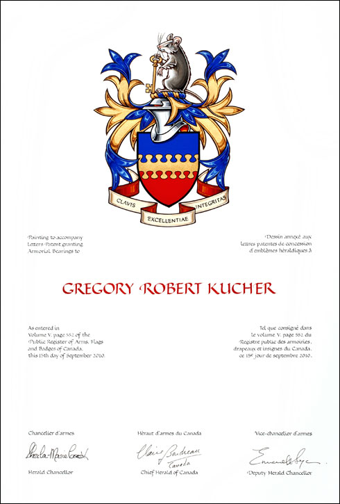 Lettres patentes concédant des emblèmes héraldiques à Gregory Robert Kucher