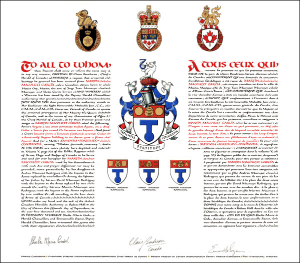 Letters patent granting heraldic emblems to Martín García Macouzet