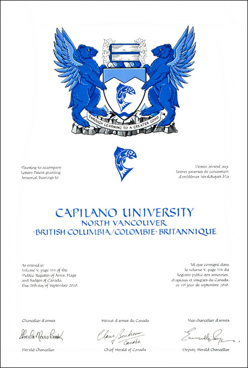 Letters patent granting heraldic emblems to Capilano University