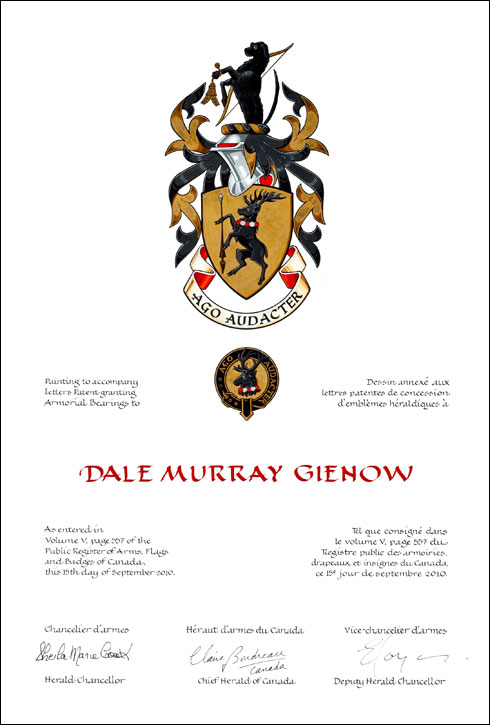 Letters patent granting heraldic emblems to Dale Murray Gienow