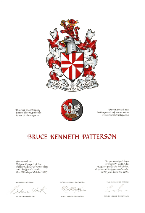 Letters patent granting heraldic emblems to Bruce Kenneth Patterson