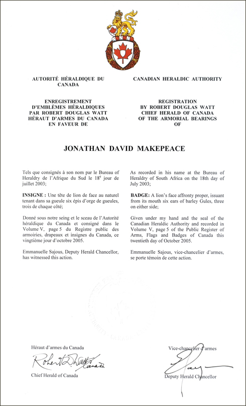 Letters patent registering the Badge of Jonathan David Makepeace