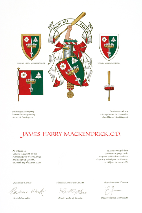 Letters patent granting heraldic emblems to James Harry MacKendrick