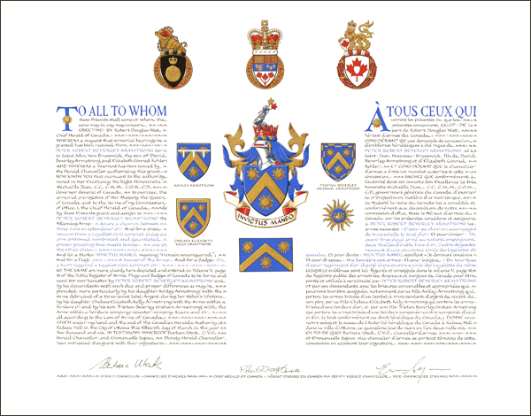 Letters patent granting heraldic emblems to Peter Robert Beverley Armstrong