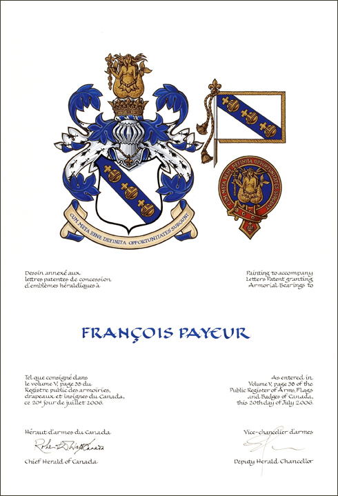 Letters patent granting heraldic emblems to François Payeur